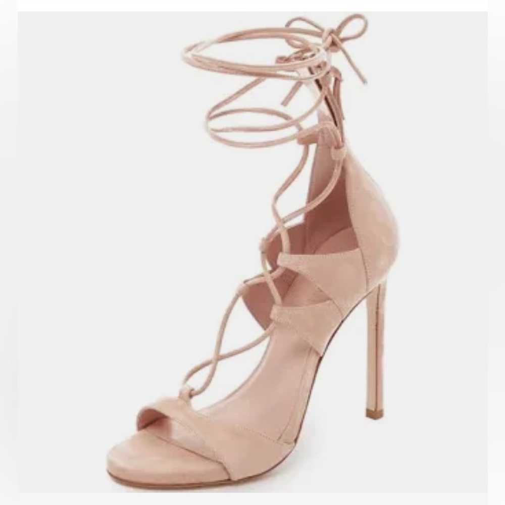 Stuart Weitzman Leg Wrap Sandal in nude.